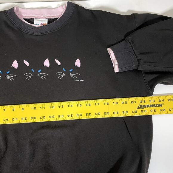 VINTAGE ACTON Lg Black Cat Face Printed Sweatshirt Pink Accents 1986 Made in USA - Picture 5 of 7